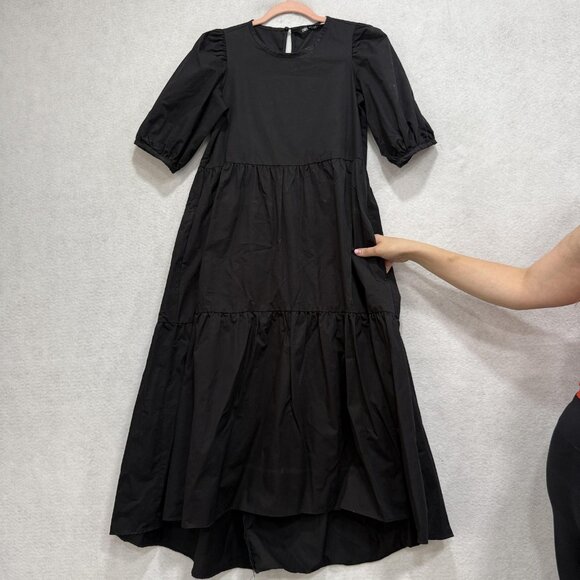 ZARA Dress Womens Extra Small Black Puff Sleeve Tiered Maxi Cotton High Low - Picture 3 of 11